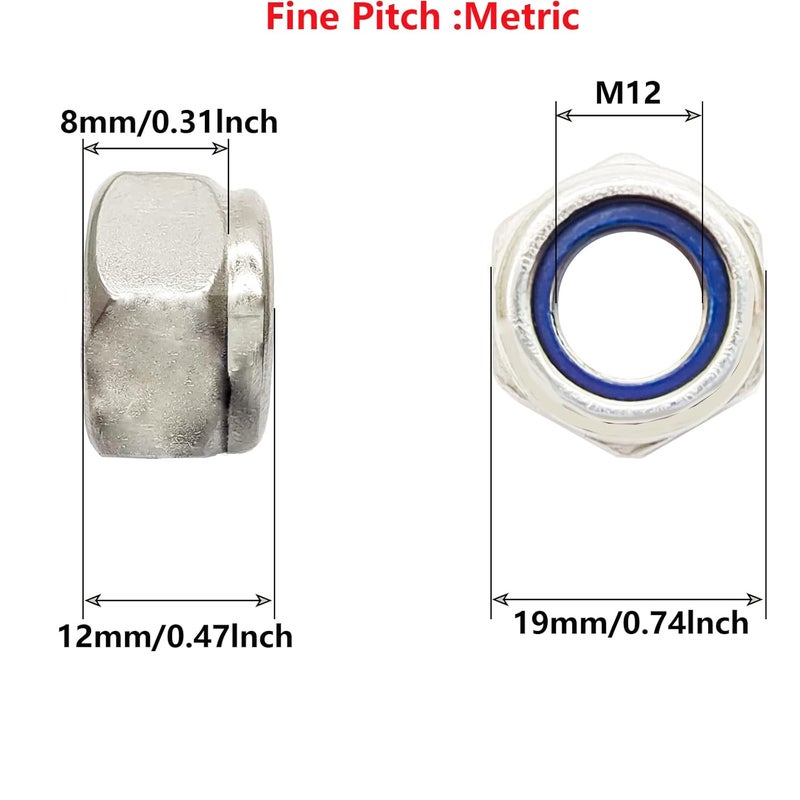 DGZ 5 Pcs M12 x 1.25mm Metric Fine Thread Nylon Insert Lock Nuts, 304 Stainless Steel Non-Slip Self-Locking Nut - Image 2